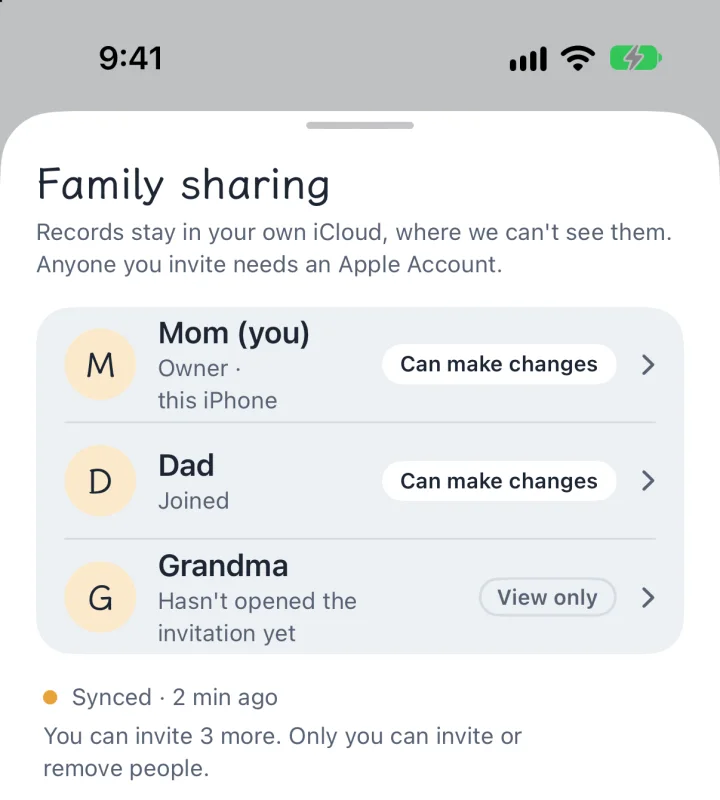 Family sharing with Mom, Dad and Grandma, each with who can make changes.