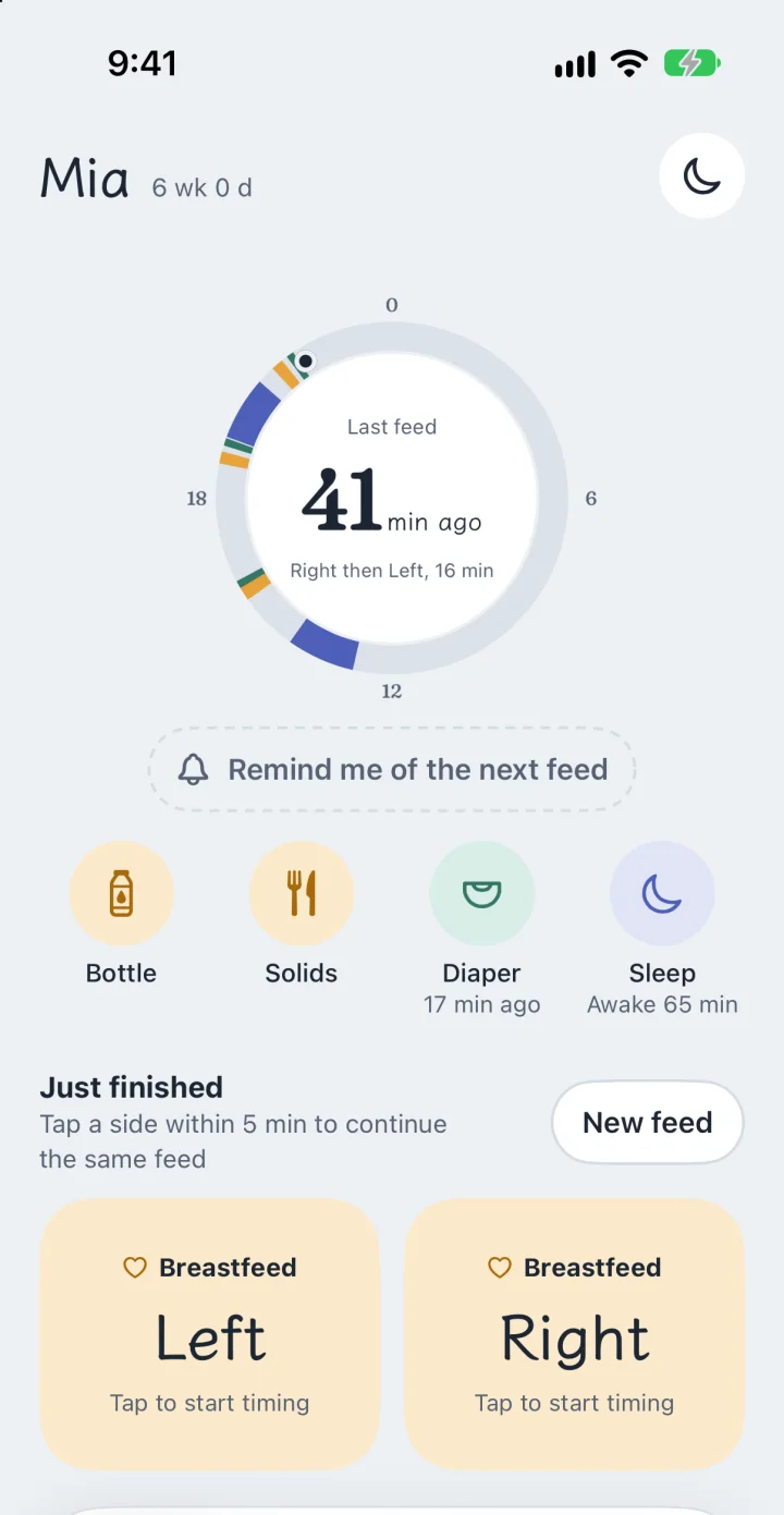 The Log tab: a 24-hour dial with the last feed 41 minutes ago, buttons for bottle, solids, diaper and sleep, and big Left and Right buttons.