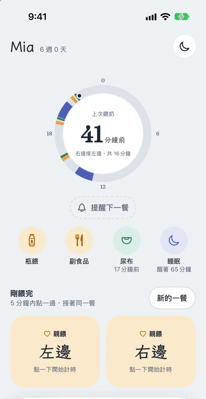「記錄」頁：24 小時轉盤顯示上一餐在 41 分鐘前，下面是瓶餵、副食品、尿布、睡眠，以及大大的左邊和右邊按鈕。